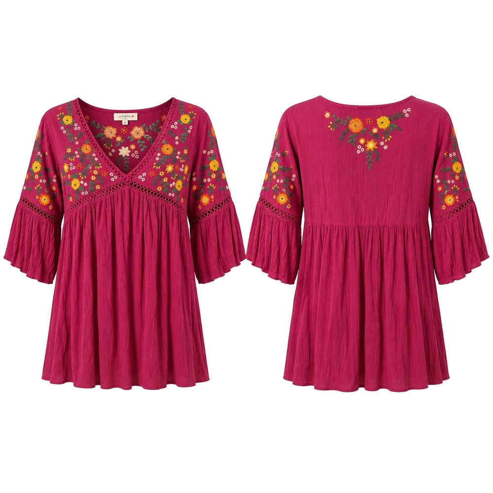 Umgee XL Burgundy Embroidered Floral V-Neck 3/4 Bell Sleeve Short Dress